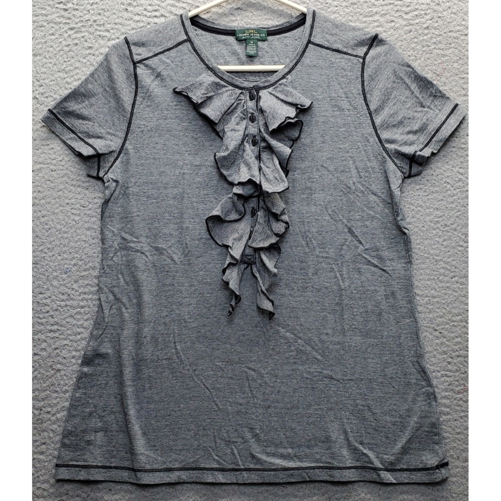 Lauren Jeans Co. Ralph Lauren Henley Top Womens M Multi Short Sleeve Ruffle Trim
